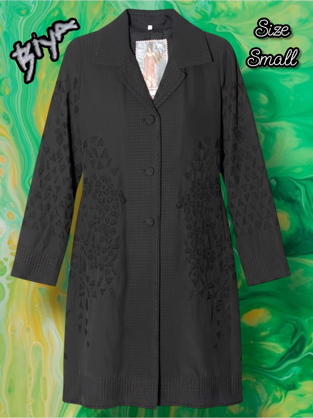 BIYA by Johnny Was Black Embroidered Duster Trench Coat Jacket Small Boho Luxe